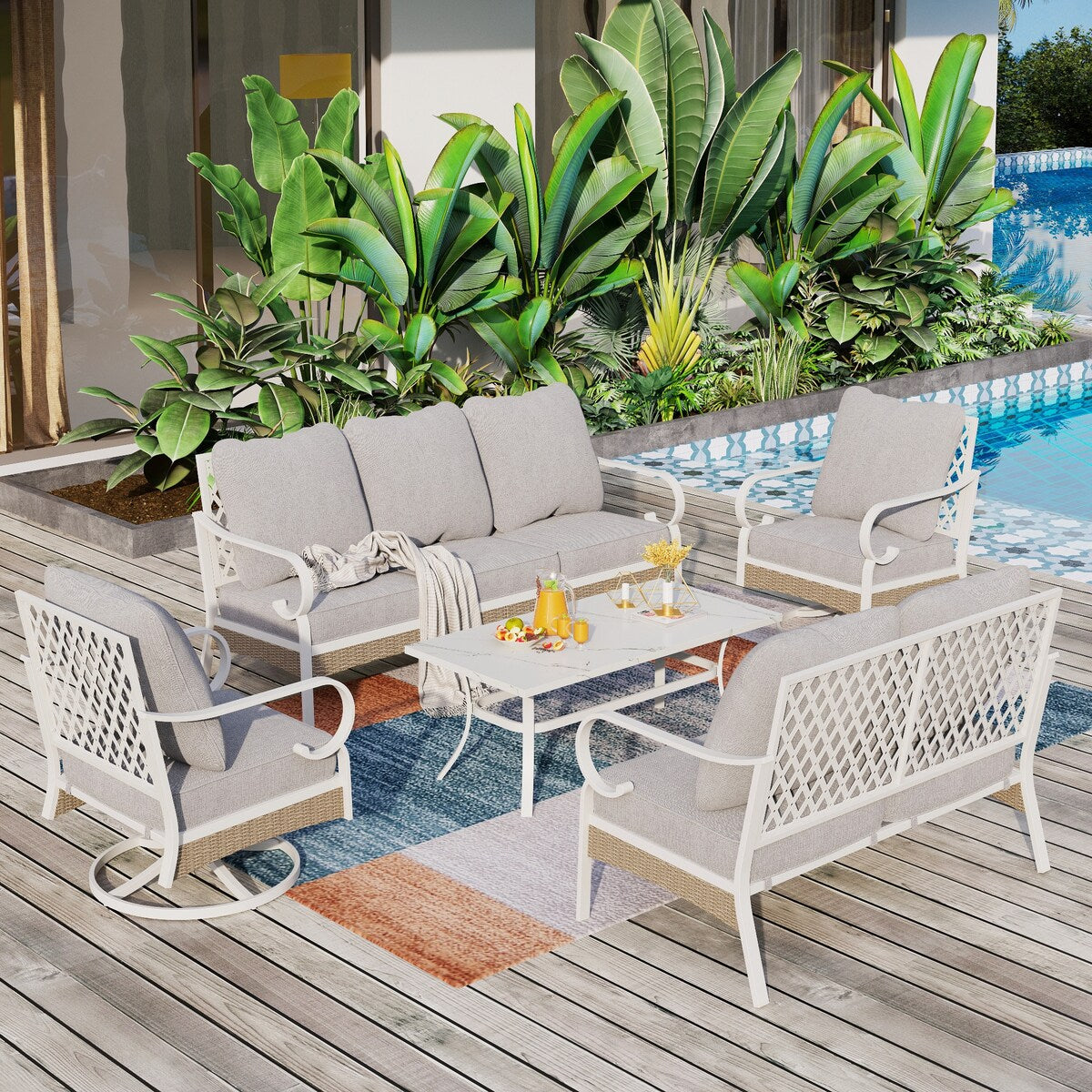 MAISON ARTS 7-Seat Patio Conversation Set, 2/4 x Cushioned Metal Chair, 1 x 2-Seat Sofa,1 x 3-Seat Sofa with Coffee Table