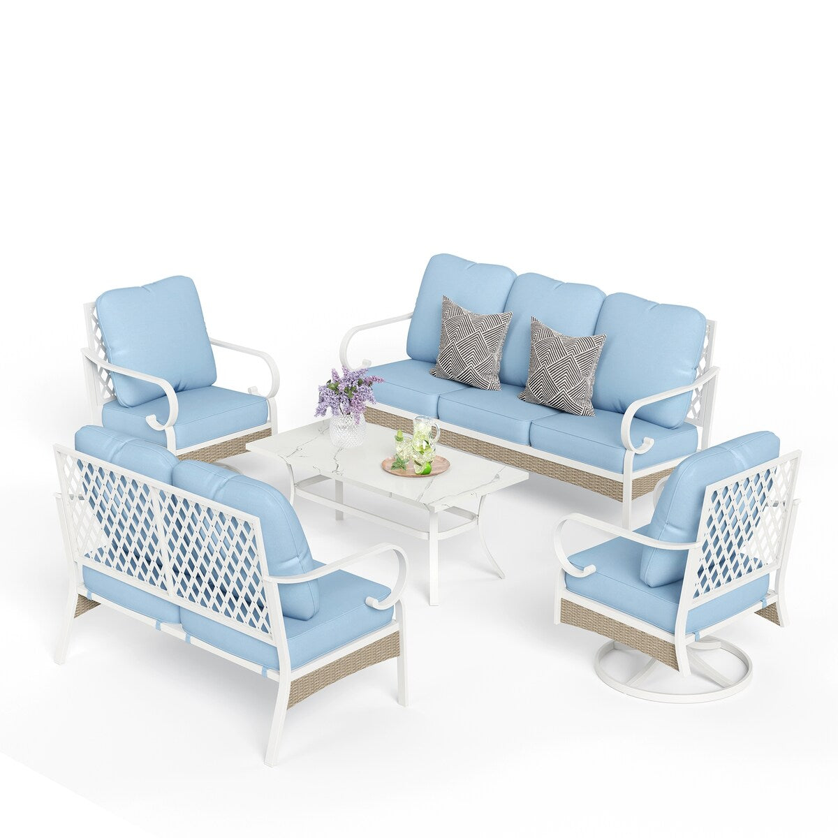 MAISON ARTS 7-Seat Patio Conversation Set, 2/4 x Cushioned Metal Chair, 1 x 2-Seat Sofa,1 x 3-Seat Sofa with Coffee Table