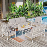 MAISON ARTS 7-Seat Patio Conversation Set, 2/4 x Cushioned Metal Chair, 1 x 2-Seat Sofa,1 x 3-Seat Sofa with Coffee Table