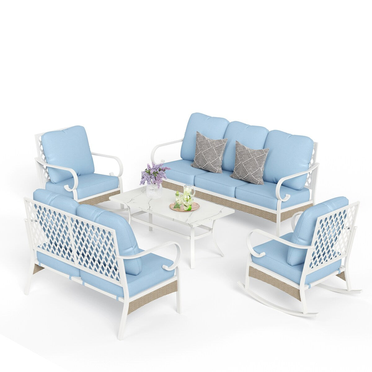 MAISON ARTS 7-Seat Patio Conversation Set, 2/4 x Cushioned Metal Chair, 1 x 2-Seat Sofa,1 x 3-Seat Sofa with Coffee Table