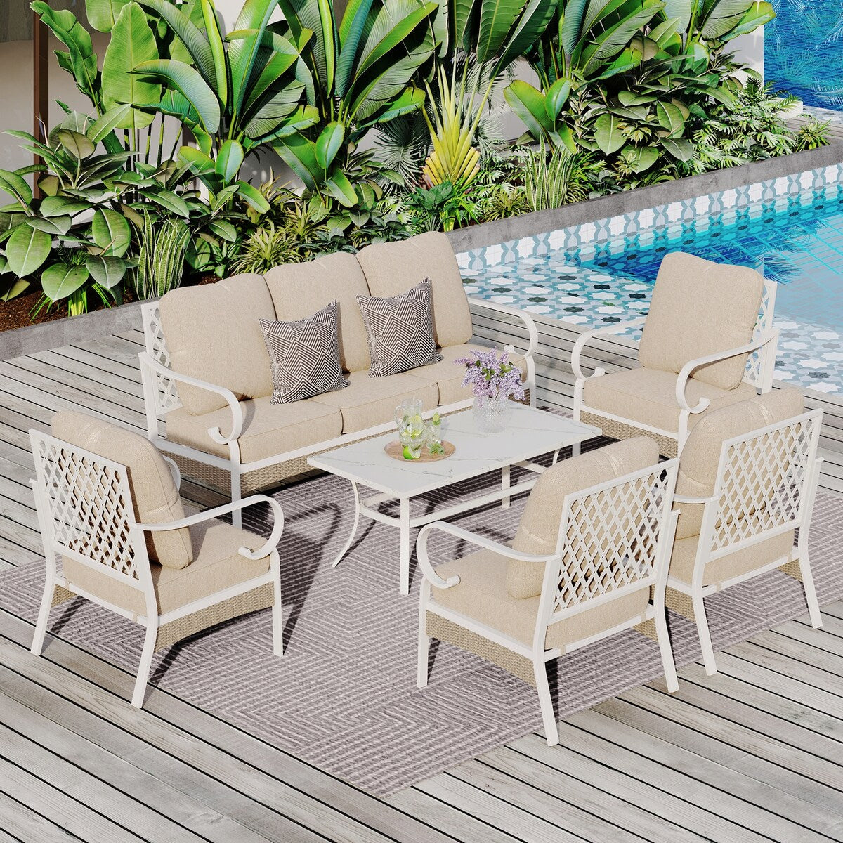 MAISON ARTS 7-Seat Patio Conversation Set, 2/4 x Cushioned Metal Chair, 1 x 2-Seat Sofa,1 x 3-Seat Sofa with Coffee Table
