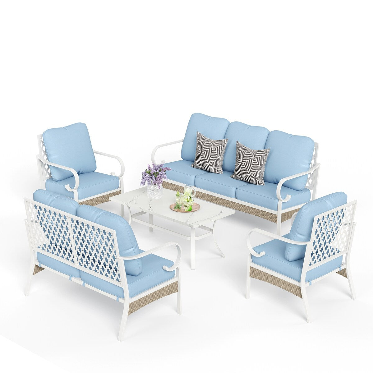 MAISON ARTS 7-Seat Patio Conversation Set, 2/4 x Cushioned Metal Chair, 1 x 2-Seat Sofa,1 x 3-Seat Sofa with Coffee Table