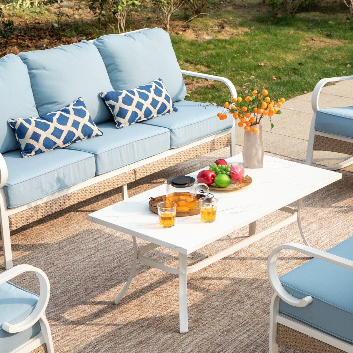 MAISON ARTS 7-Seat Patio Conversation Set, 2/4 x Cushioned Metal Chair, 1 x 2-Seat Sofa,1 x 3-Seat Sofa with Coffee Table