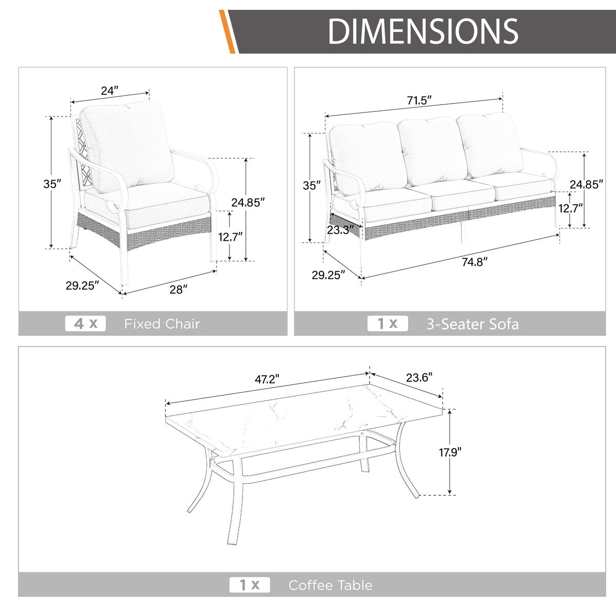 MAISON ARTS 7-Seat Patio Conversation Set, 2/4 x Cushioned Metal Chair, 1 x 2-Seat Sofa,1 x 3-Seat Sofa with Coffee Table