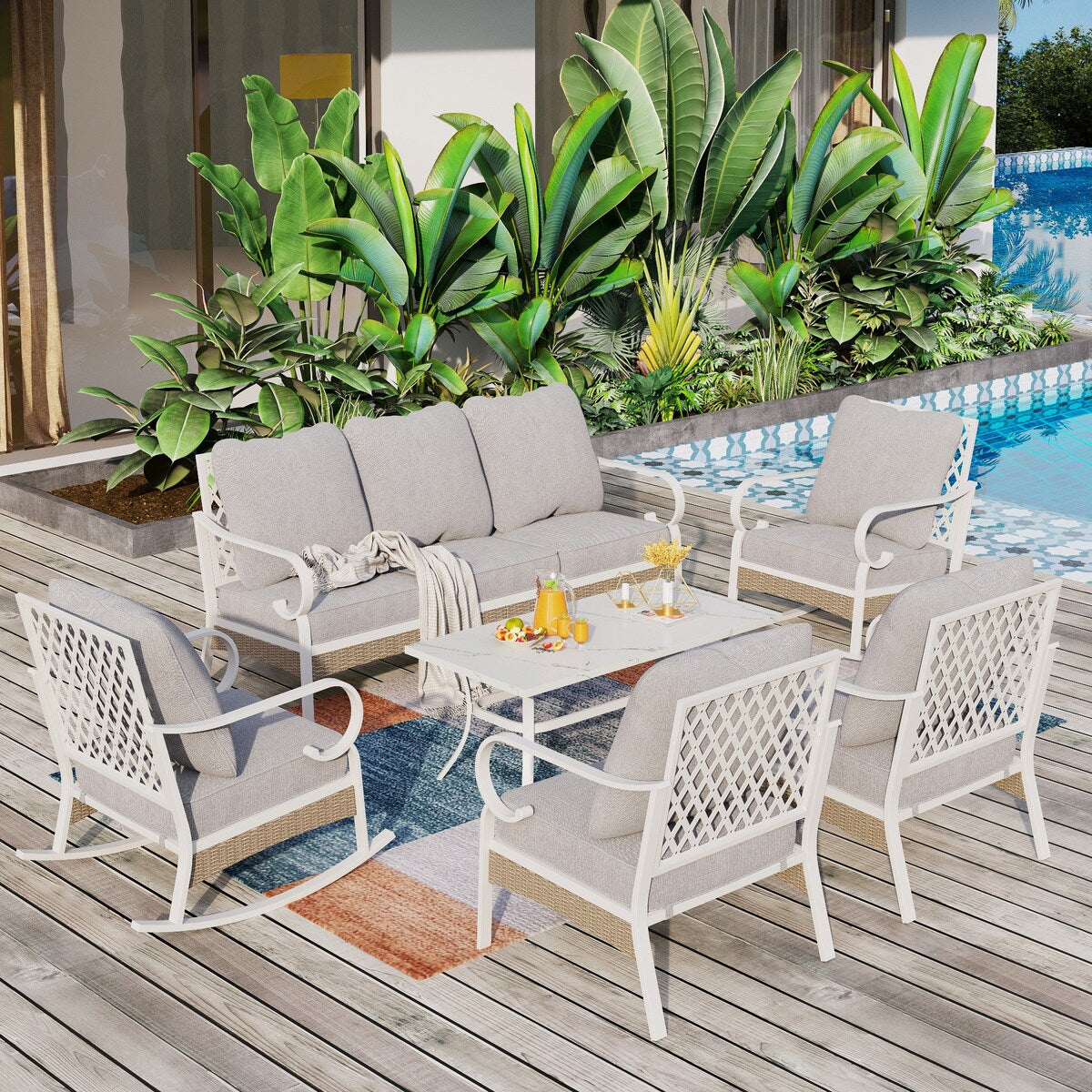 MAISON ARTS 7-Seat Patio Conversation Set, 2/4 x Cushioned Metal Chair, 1 x 2-Seat Sofa,1 x 3-Seat Sofa with Coffee Table