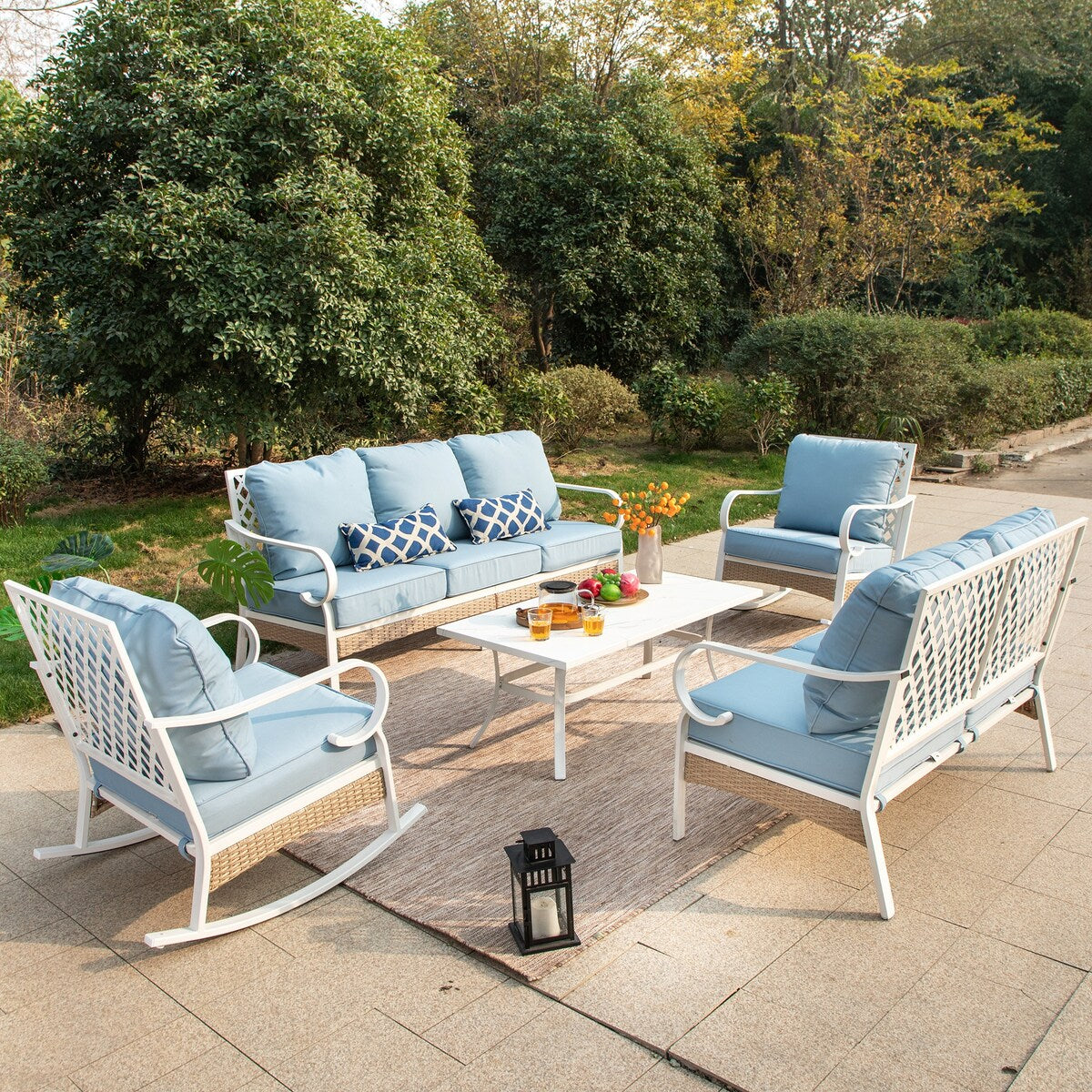 MAISON ARTS 7-Seat Patio Conversation Set, 2/4 x Cushioned Metal Chair, 1 x 2-Seat Sofa,1 x 3-Seat Sofa with Coffee Table