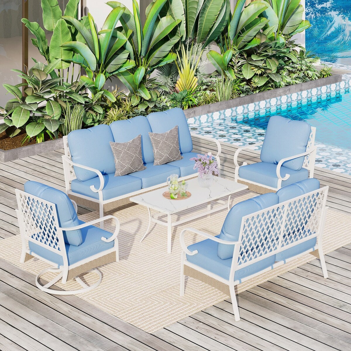 MAISON ARTS 7-Seat Patio Conversation Set, 2/4 x Cushioned Metal Chair, 1 x 2-Seat Sofa,1 x 3-Seat Sofa with Coffee Table