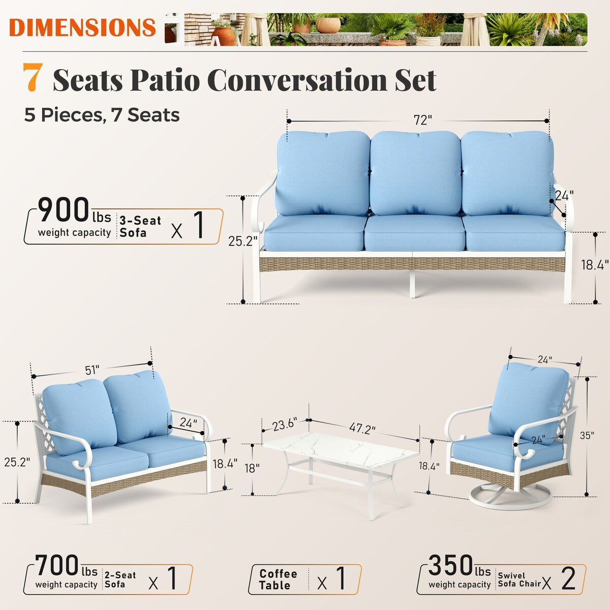 MAISON ARTS 7-Seat Patio Conversation Set, 2/4 x Cushioned Metal Chair, 1 x 2-Seat Sofa,1 x 3-Seat Sofa with Coffee Table