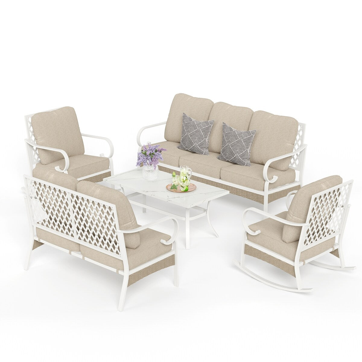 MAISON ARTS 7-Seat Patio Conversation Set, 2/4 x Cushioned Metal Chair, 1 x 2-Seat Sofa,1 x 3-Seat Sofa with Coffee Table