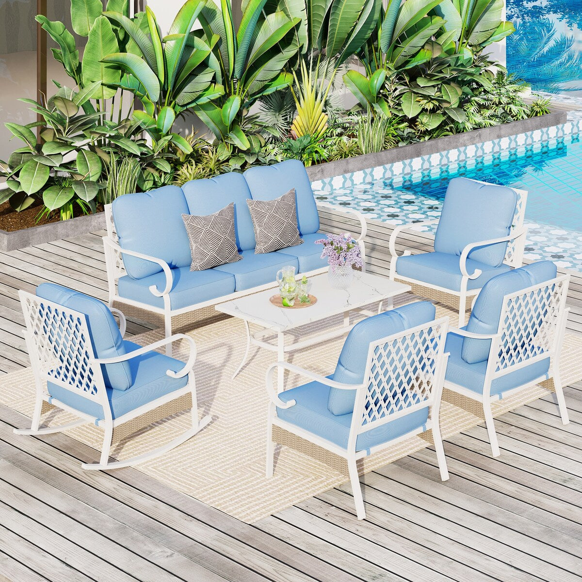 MAISON ARTS 7-Seat Patio Conversation Set, 2/4 x Cushioned Metal Chair, 1 x 2-Seat Sofa,1 x 3-Seat Sofa with Coffee Table