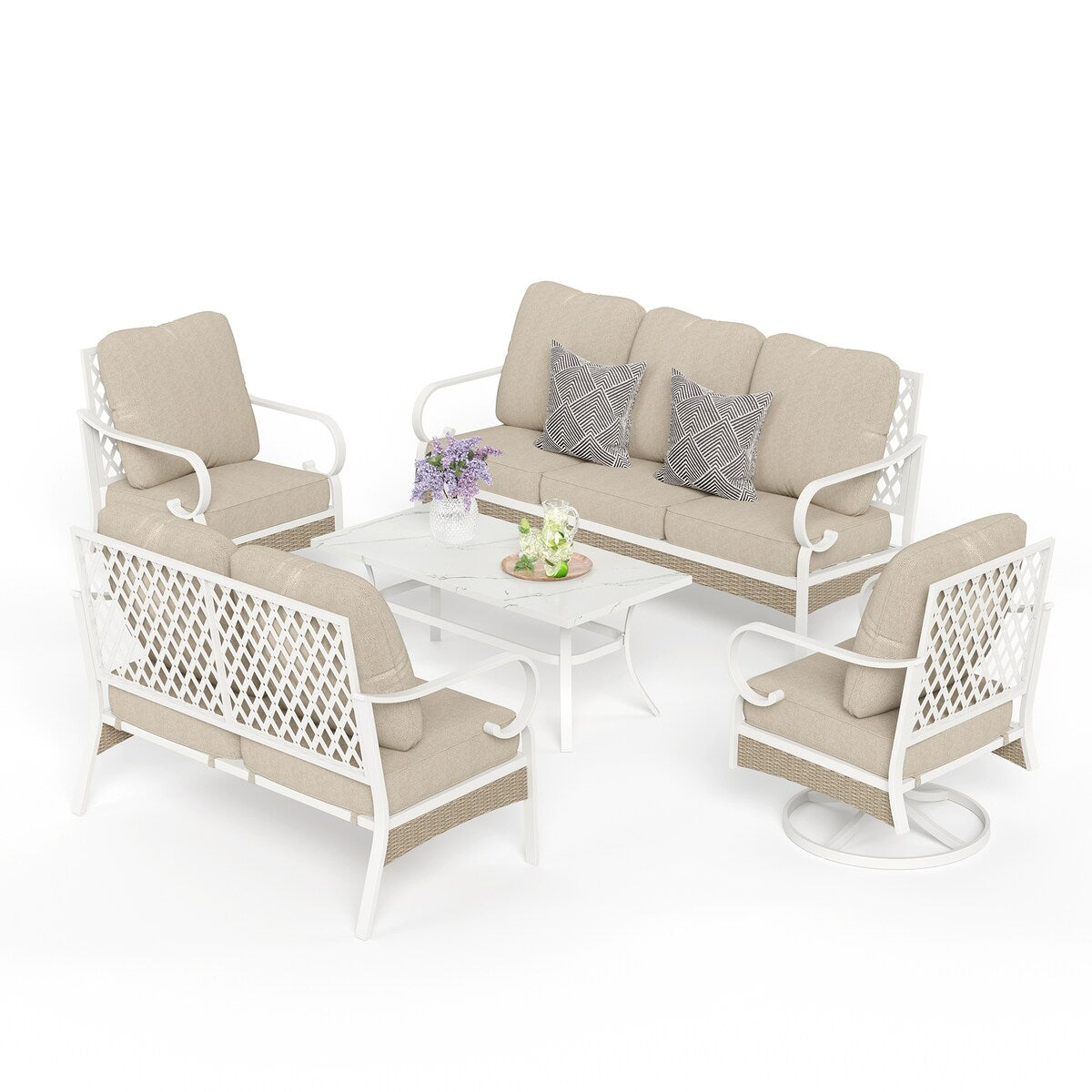 MAISON ARTS 7-Seat Patio Conversation Set, 2/4 x Cushioned Metal Chair, 1 x 2-Seat Sofa,1 x 3-Seat Sofa with Coffee Table