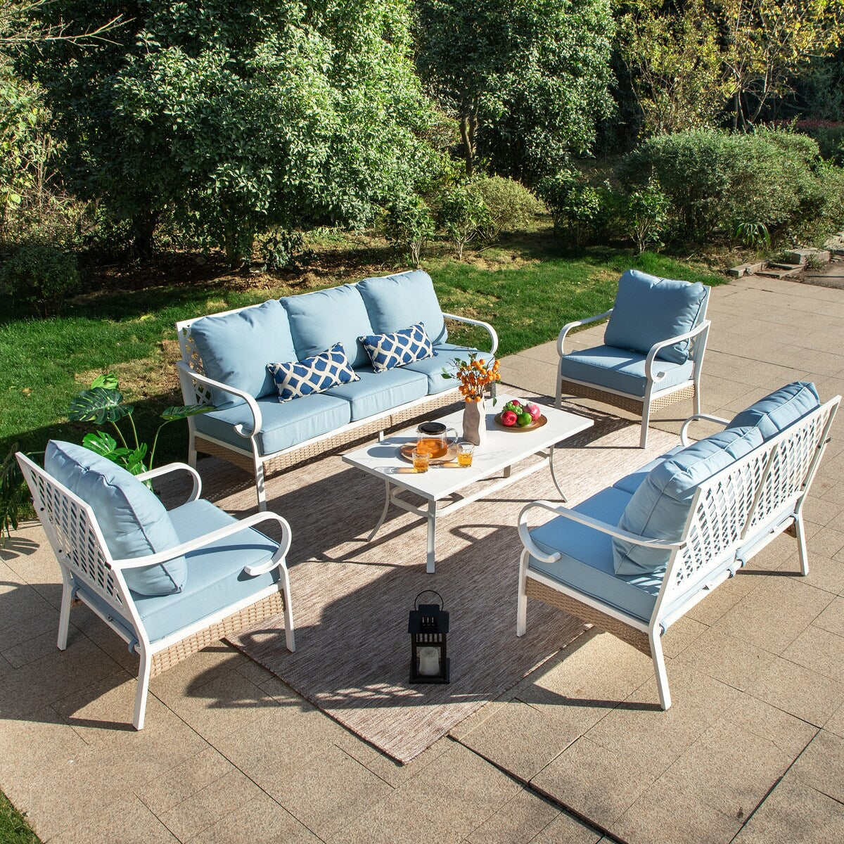 MAISON ARTS 7-Seat Patio Conversation Set, 2/4 x Cushioned Metal Chair, 1 x 2-Seat Sofa,1 x 3-Seat Sofa with Coffee Table