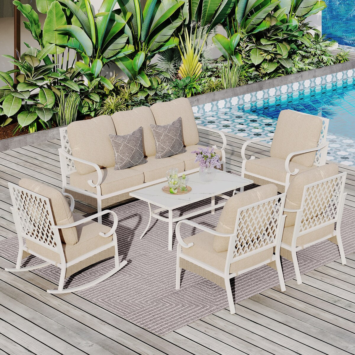 MAISON ARTS 7-Seat Patio Conversation Set, 2/4 x Cushioned Metal Chair, 1 x 2-Seat Sofa,1 x 3-Seat Sofa with Coffee Table