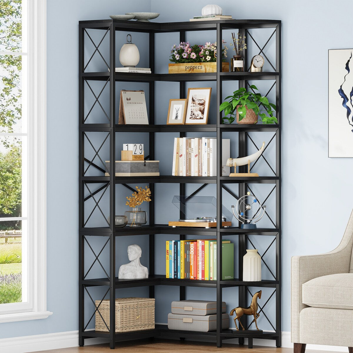 7 Tier Reversible Corner Bookshelf Large Industrial Bookcase Storage Overstock