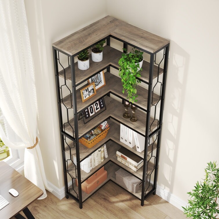 7 Tier Corner Shelf Industrial Corner Bookshelf Wood and Metal Corne Overstock