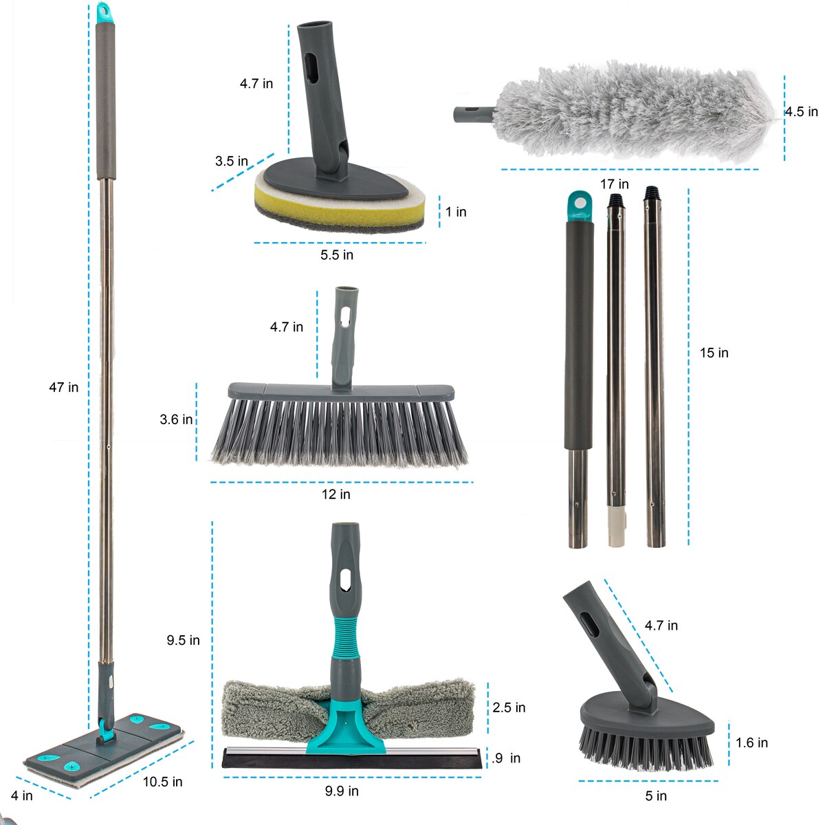 7 in 1 Microfiber Floor Mop Broom Duster Squeegee & Dryer Scrubber Sponge