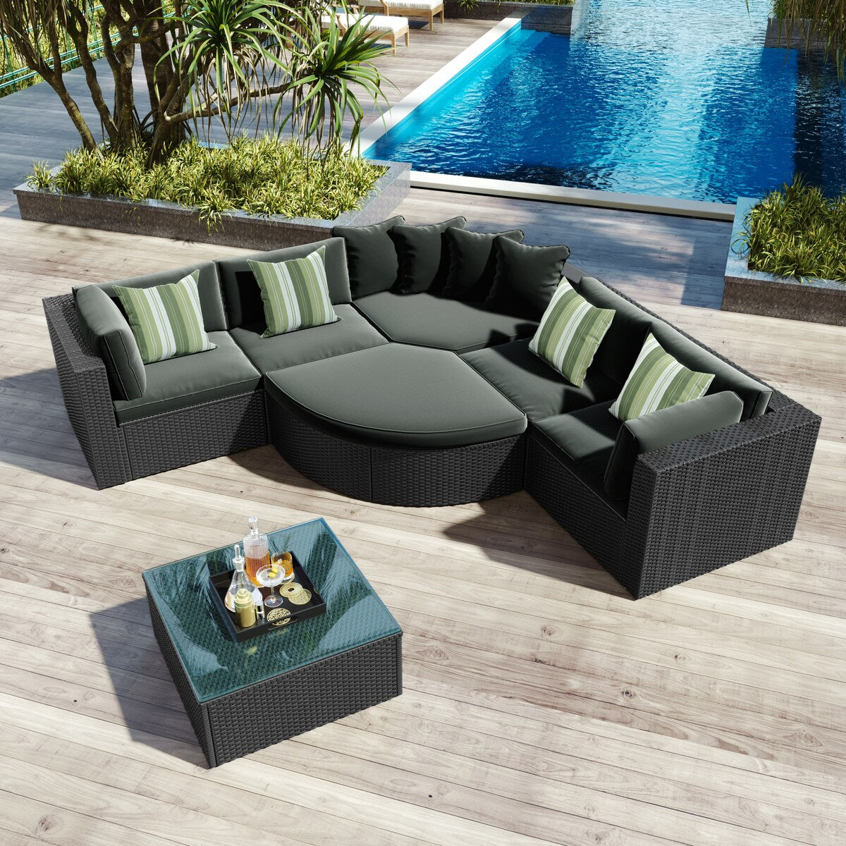 7-piece Outdoor Rattan Wicker Conversation Sofa Set With Colorful Pillows