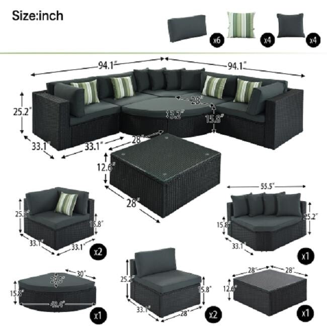 7-piece Outdoor Wicker Sofa Set, Rattan Sofa Lounger, With Striped Green Pillows,Black Wicker, Gray Cushion