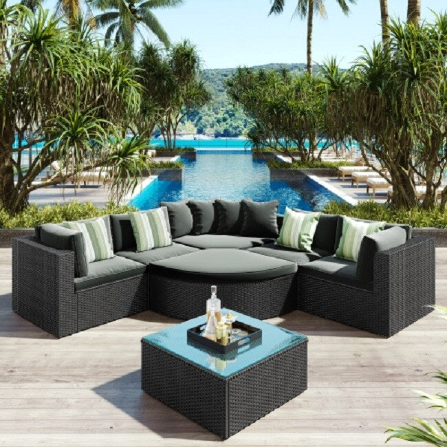 7-piece Outdoor Wicker Sofa Set, Rattan Sofa Lounger, With Striped Green Pillows,Black Wicker, Gray Cushion