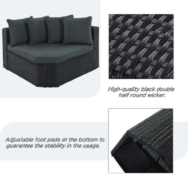 7-piece Outdoor Wicker Sofa Set, Rattan Sofa Lounger, With Striped Green Pillows,Black Wicker, Gray Cushion