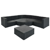 7-piece Outdoor Wicker Sofa Set, Rattan Sofa Lounger, With Striped Green Pillows,Black Wicker, Gray Cushion