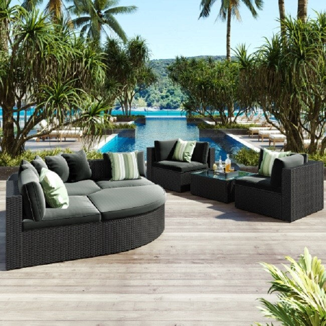 7-piece Outdoor Wicker Sofa Set, Rattan Sofa Lounger, With Striped Green Pillows,Black Wicker, Gray Cushion