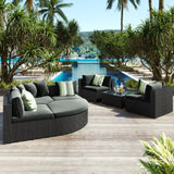 7-piece Outdoor Wicker Sofa Set, Rattan Sofa Lounger, With Striped Green Pillows,Black Wicker, Gray Cushion