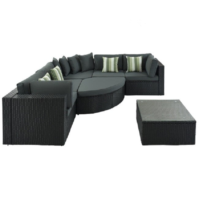 7-piece Outdoor Wicker Sofa Set, Rattan Sofa Lounger, With Striped Green Pillows,Black Wicker, Gray Cushion