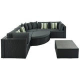 7-piece Outdoor Wicker Sofa Set, Rattan Sofa Lounger, With Striped Green Pillows,Black Wicker, Gray Cushion