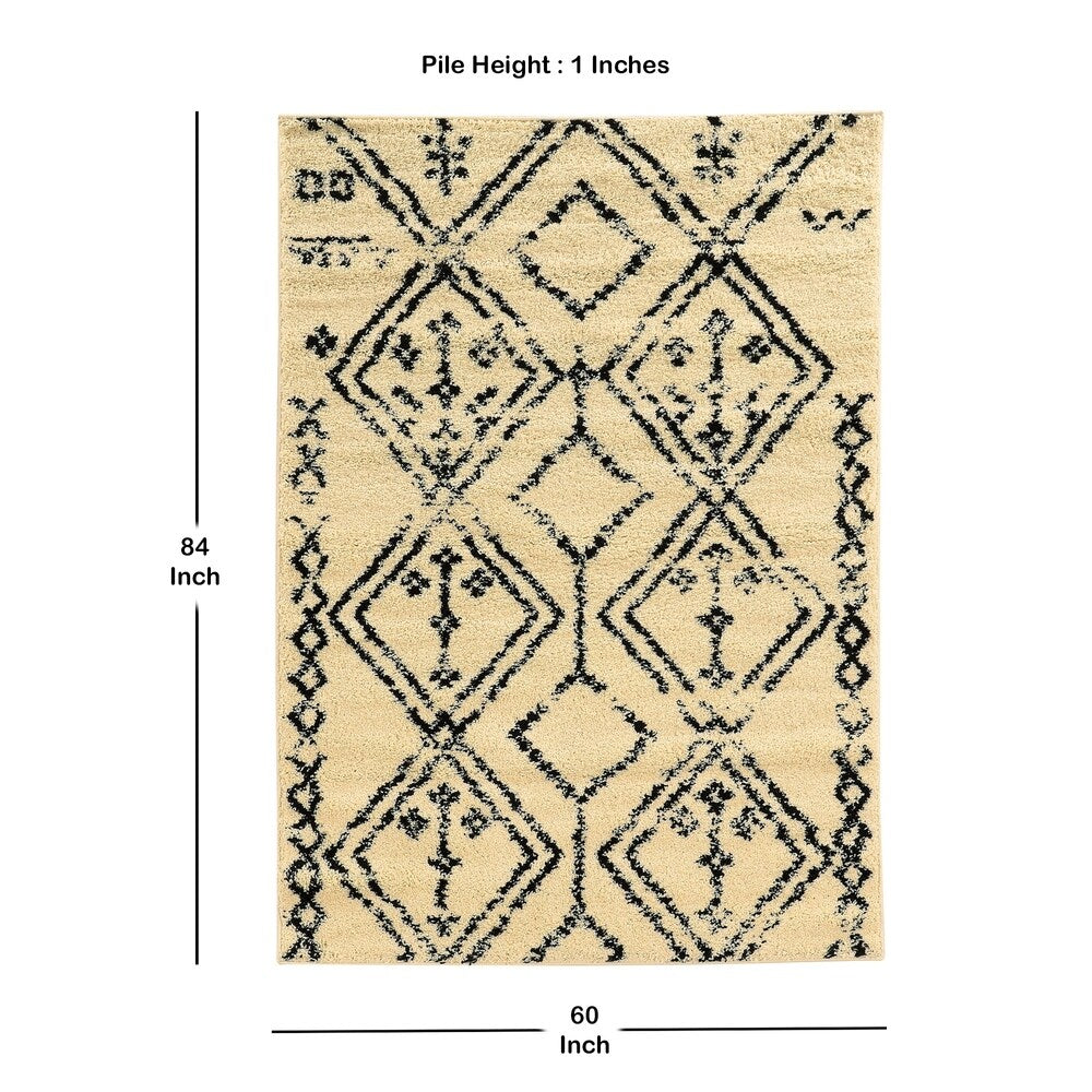 7 x 5 Feet Aztac Pattern Polypropylene Power Loomed Rug, Beige and Black - 5'3 x 7'7