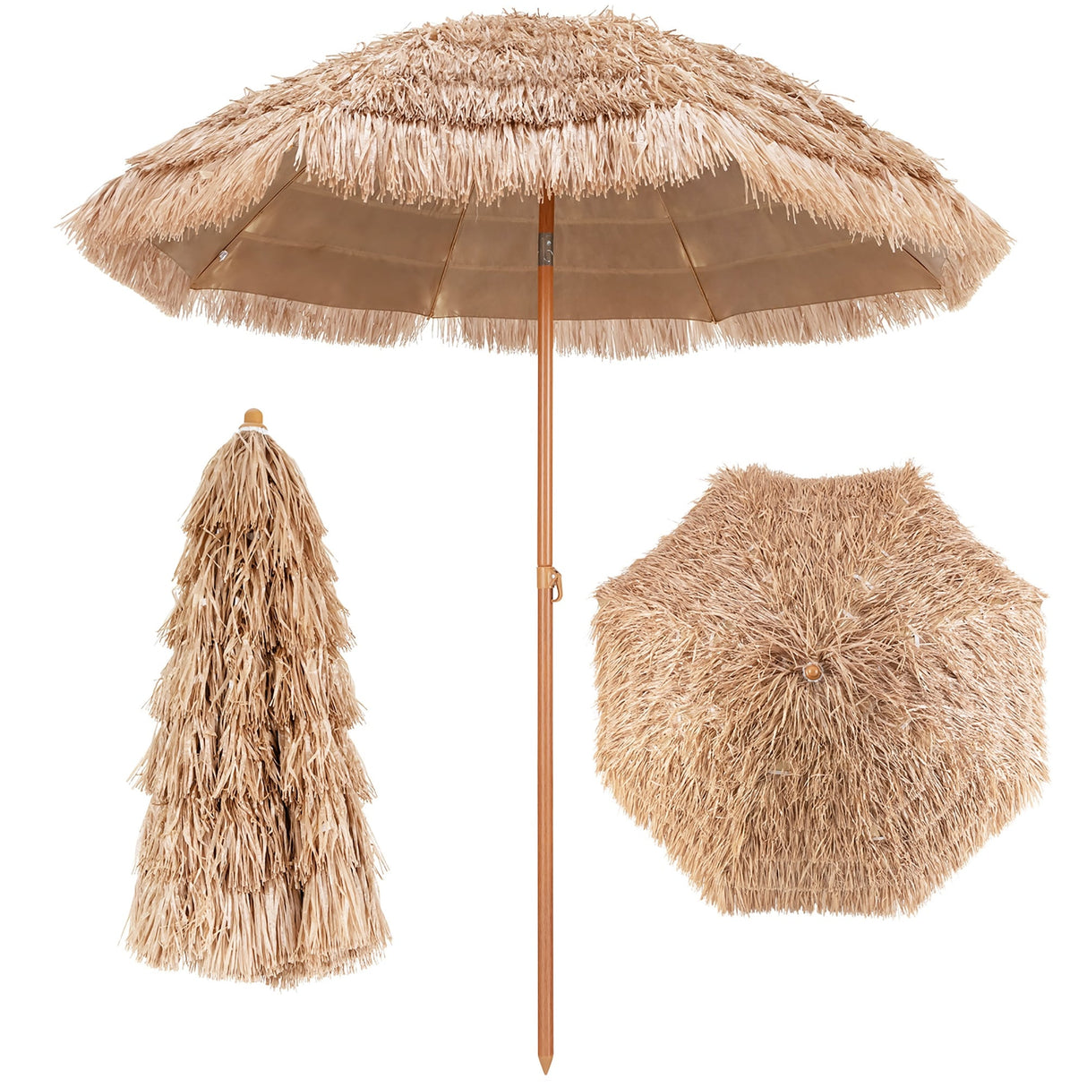 7.2/8 FT Patio Thatched Tiki Umbrella W/Tilt Hawaiian Hula Beach