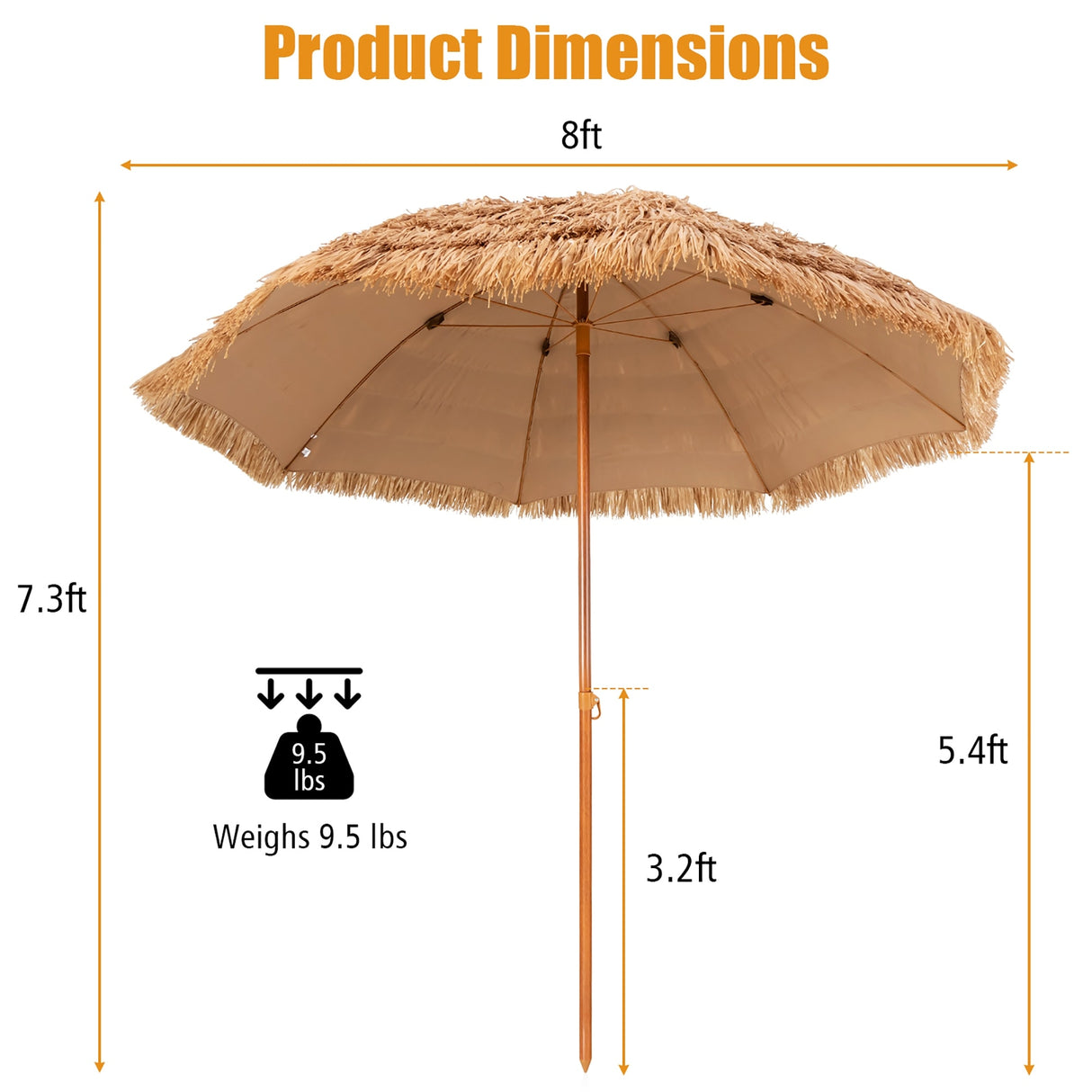 7.2/8 FT Patio Thatched Tiki Umbrella W/Tilt Hawaiian Hula Beach