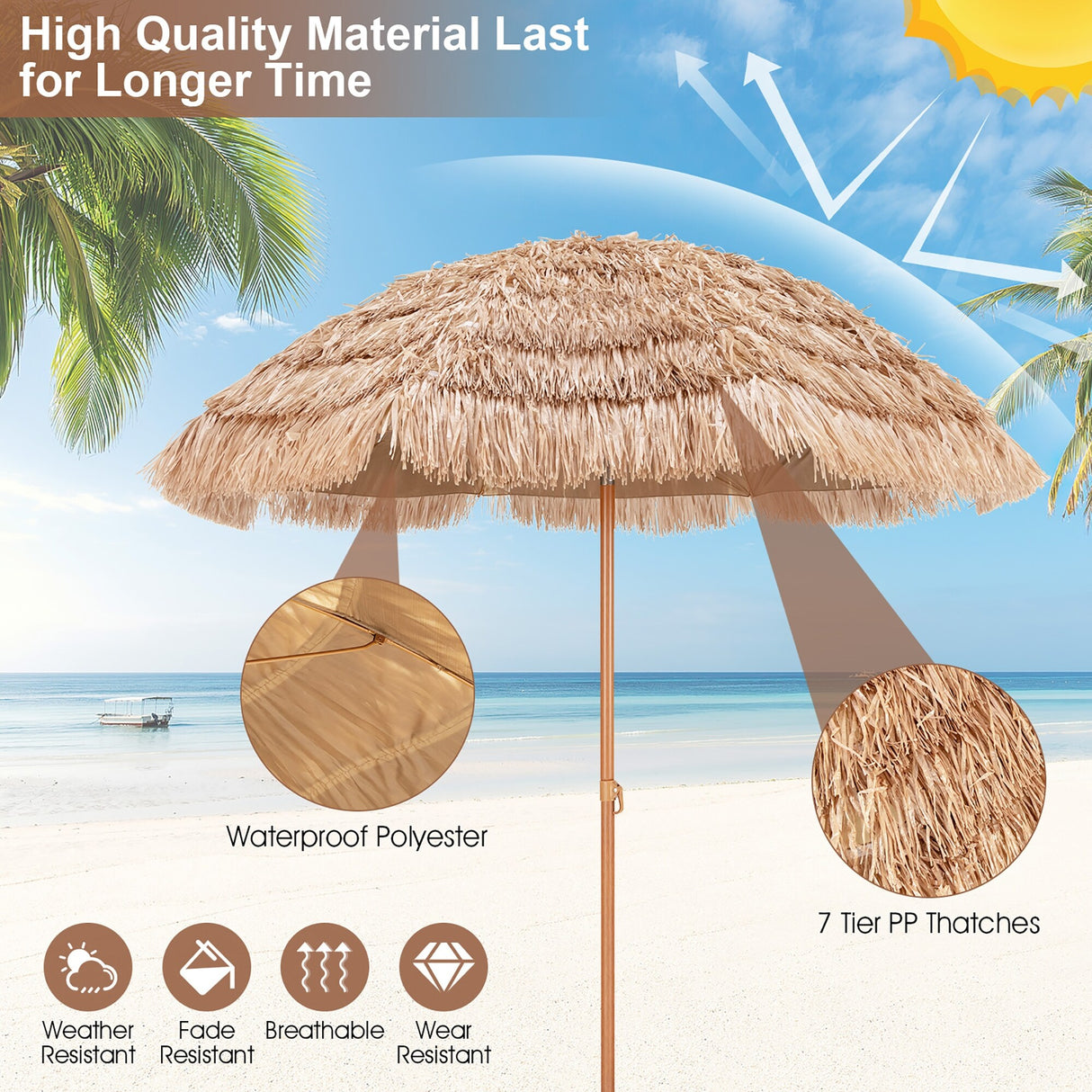 7.2/8 FT Patio Thatched Tiki Umbrella W/Tilt Hawaiian Hula Beach