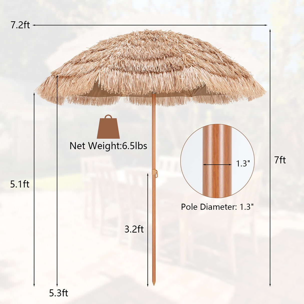 7.2/8 FT Patio Thatched Tiki Umbrella W/Tilt Hawaiian Hula Beach