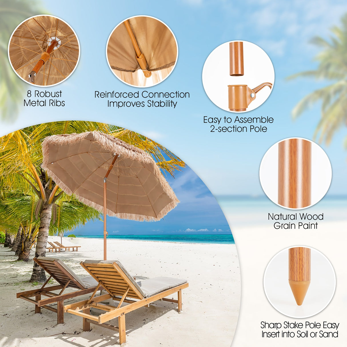 7.2/8 FT Patio Thatched Tiki Umbrella W/Tilt Hawaiian Hula Beach