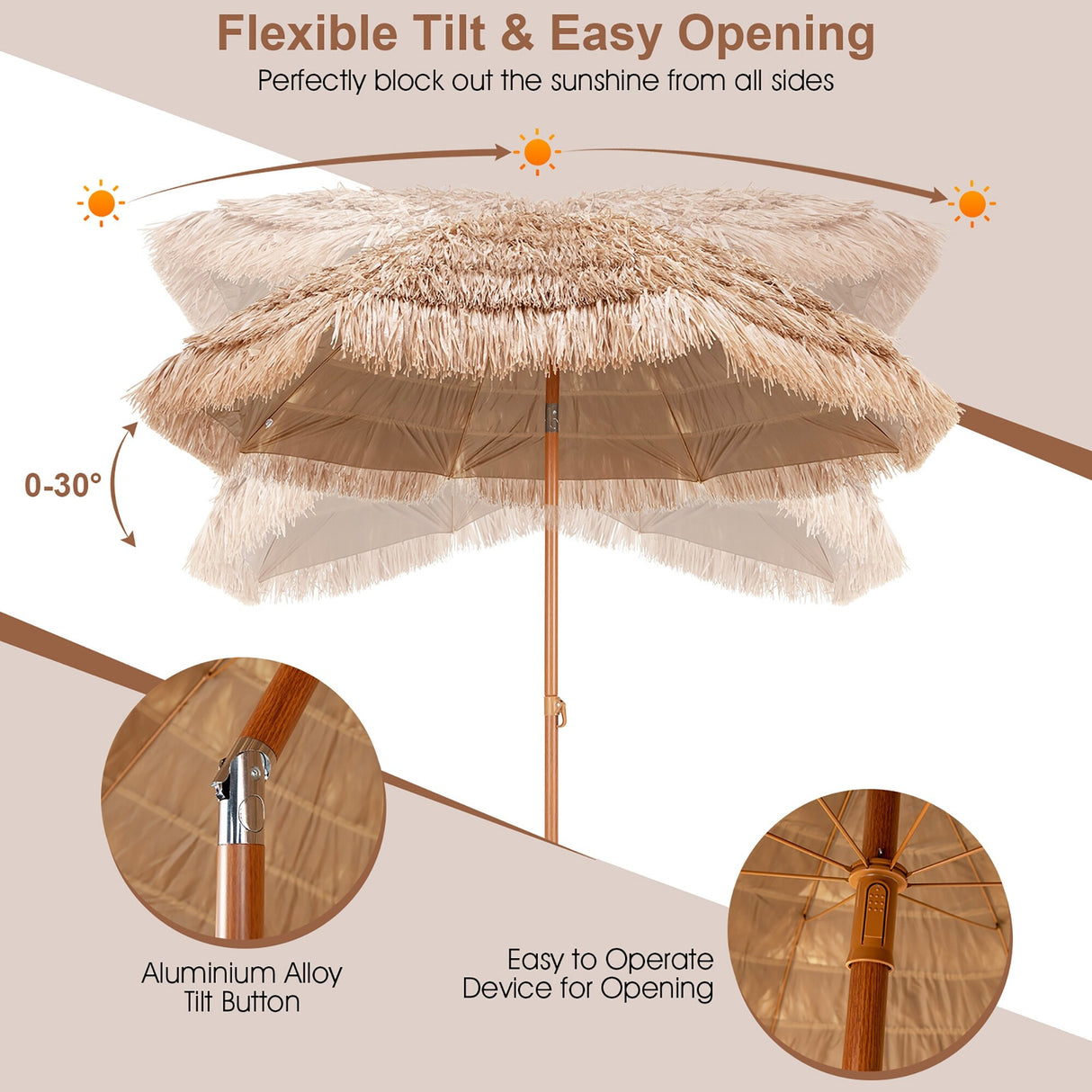 7.2/8 FT Patio Thatched Tiki Umbrella W/Tilt Hawaiian Hula Beach