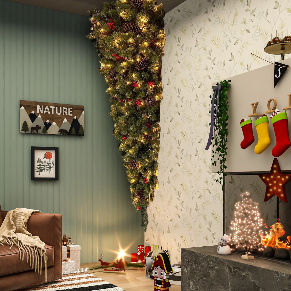 7.5/6ft Upside Down Hanging Quarter Tree, Christmas tree hanging from the ceiling, Xmas Tree with 300 LED Warm White Lights