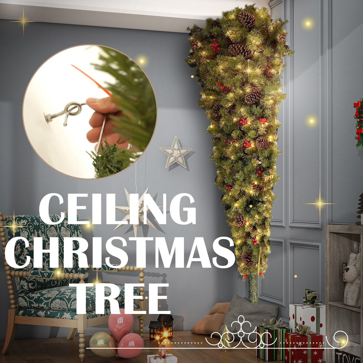 7.5/6ft Upside Down Hanging Quarter Tree, Christmas tree hanging from the ceiling, Xmas Tree with 300 LED Warm White Lights