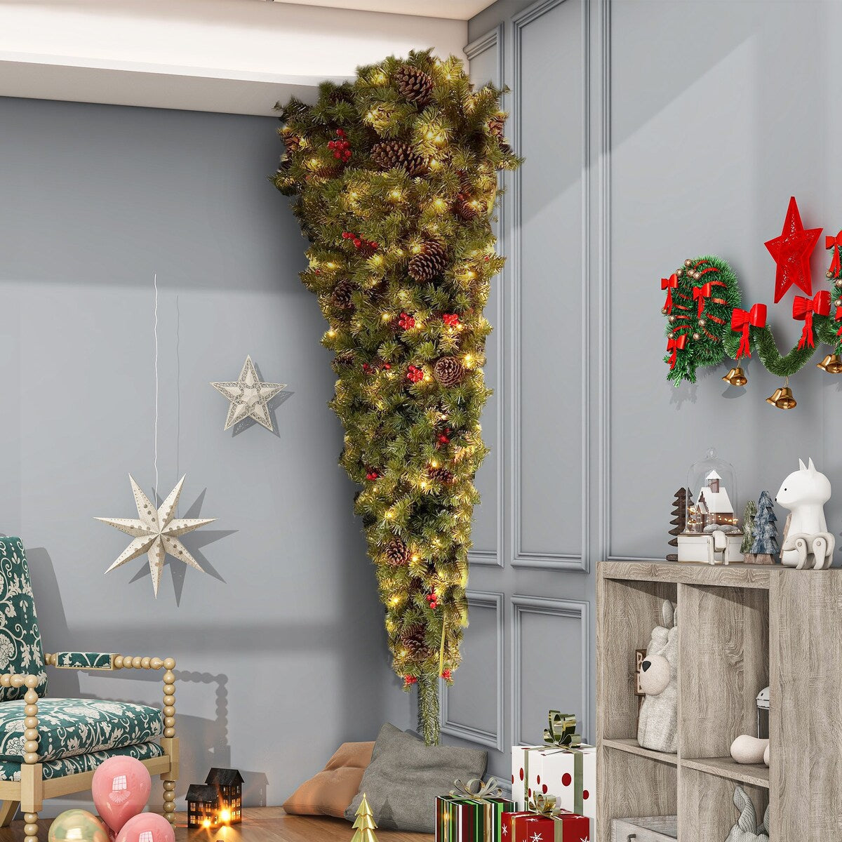 7.5/6ft Upside Down Hanging Quarter Tree, Christmas tree hanging from the ceiling, Xmas Tree with 300 LED Warm White Lights