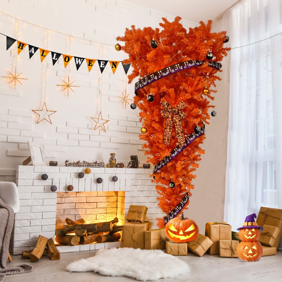 7.5/6ft Upside Down Hanging Quarter Tree, Christmas tree hanging from the ceiling, Xmas Tree with 300 LED Warm White Lights