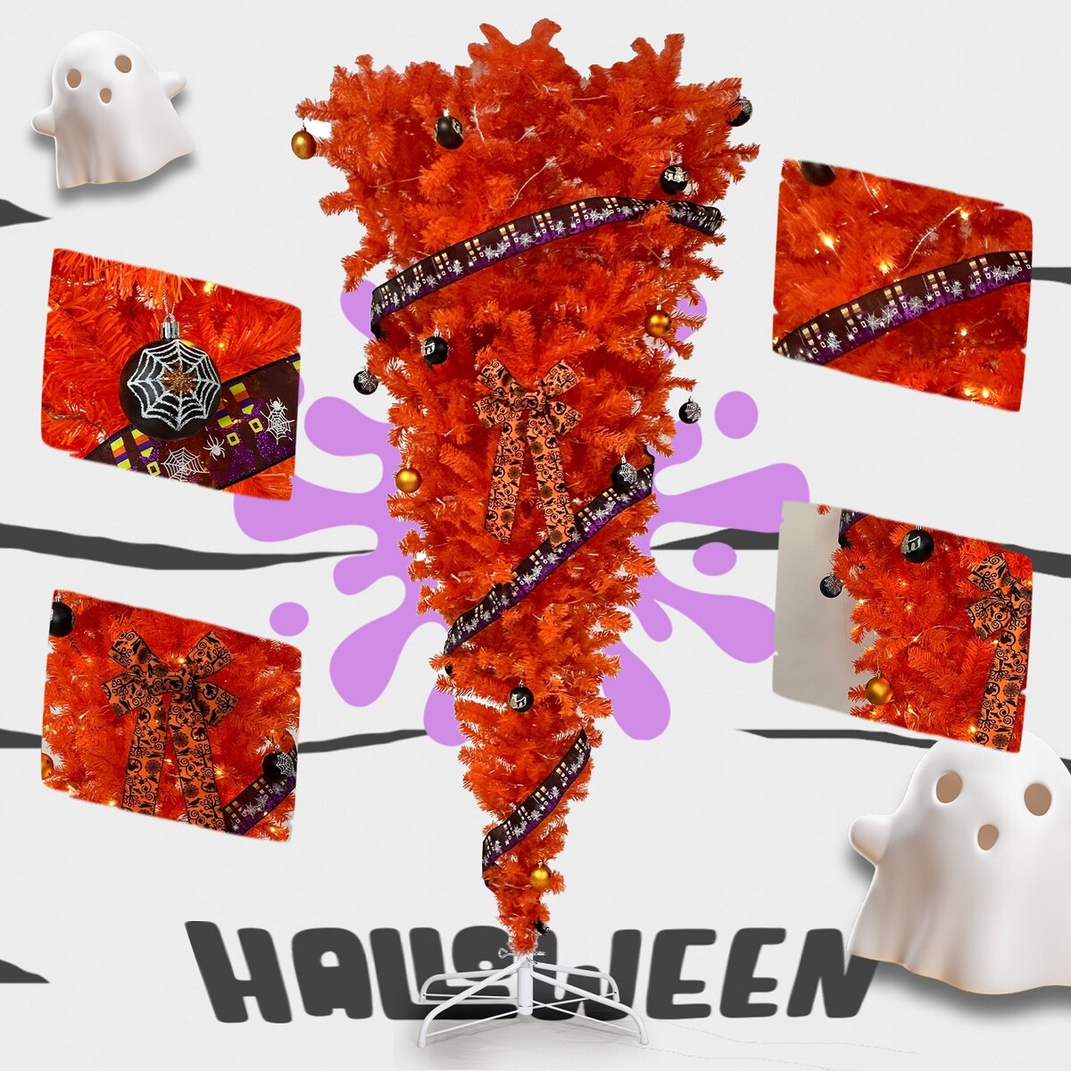 7.5 FT Orange Upside Down Christmas Tree with 300 LED Warm Lights for X-mas,Halloween-themed - N/A