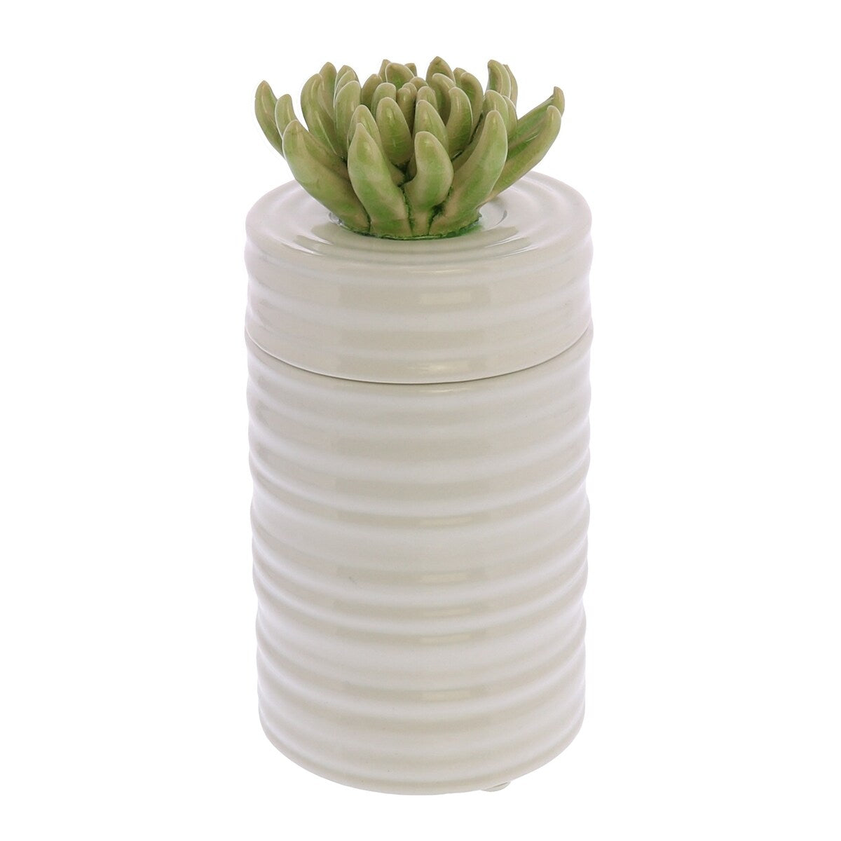 7.5 Inch Ceramic Round Canister with Lotus Floral Handle, Green