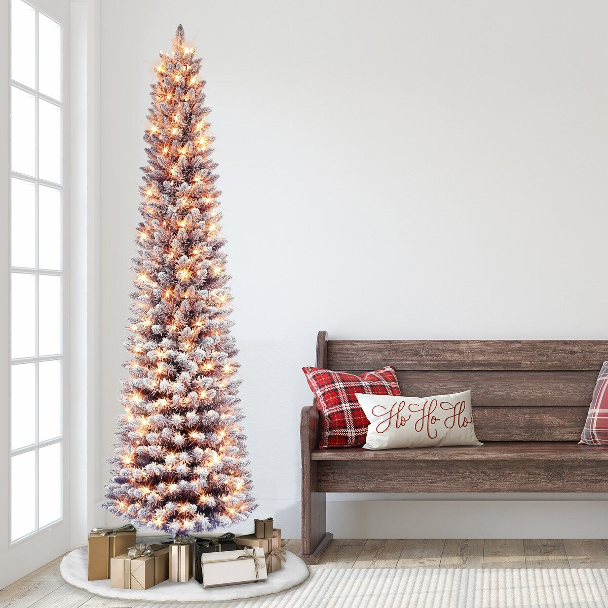 Puleo International 7.5 ft. Pre-lit Flocked Fashion Purple Pencil Artificial Christmas Tree