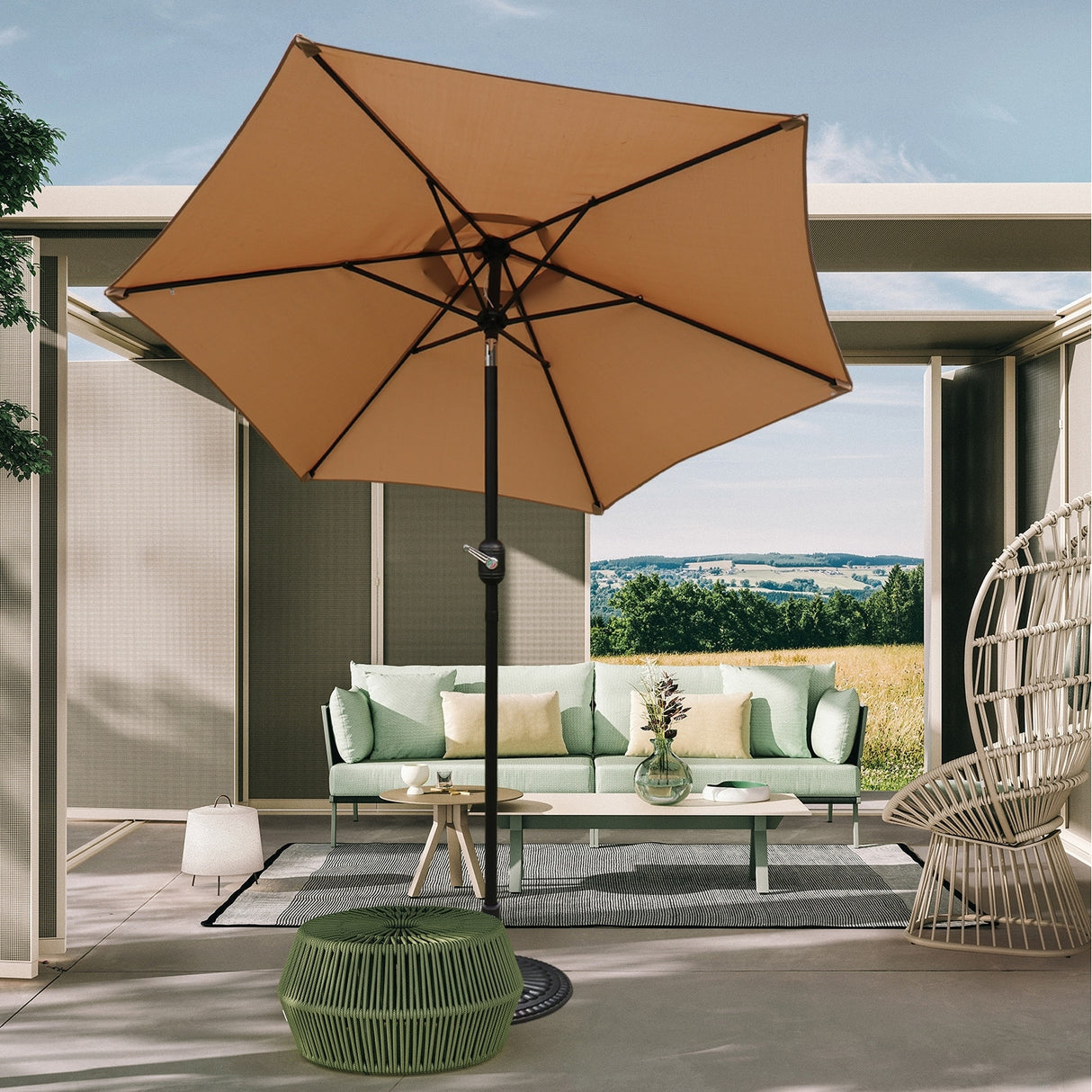 7.5 ft Round Patio Umbrella, Market Umbrella with Tilt and Crank lift (Tan Color)