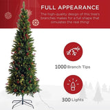 7.5FT Christmas Tree with 300 Lights Pinecones and Red Berries, Artificial Hinged Snow Flocked Xmas Tree Holiday Decoration