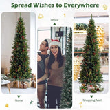 7.5FT Christmas Tree with 300 Lights Pinecones and Red Berries, Artificial Hinged Snow Flocked Xmas Tree Holiday Decoration
