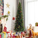 7.5FT Christmas Tree with 300 Lights Pinecones and Red Berries, Artificial Hinged Snow Flocked Xmas Tree Holiday Decoration