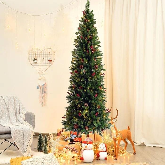 7.5FT Christmas Tree with 300 Lights Pinecones and Red Berries, Artificial Hinged Snow Flocked Xmas Tree Holiday Decoration