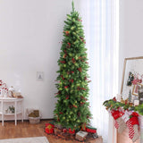 7.5FT Christmas Tree with 300 Lights Pinecones and Red Berries, Artificial Hinged Snow Flocked Xmas Tree Holiday Decoration