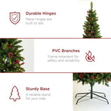 7.5FT Christmas Tree with 300 Lights Pinecones and Red Berries, Artificial Hinged Snow Flocked Xmas Tree Holiday Decoration